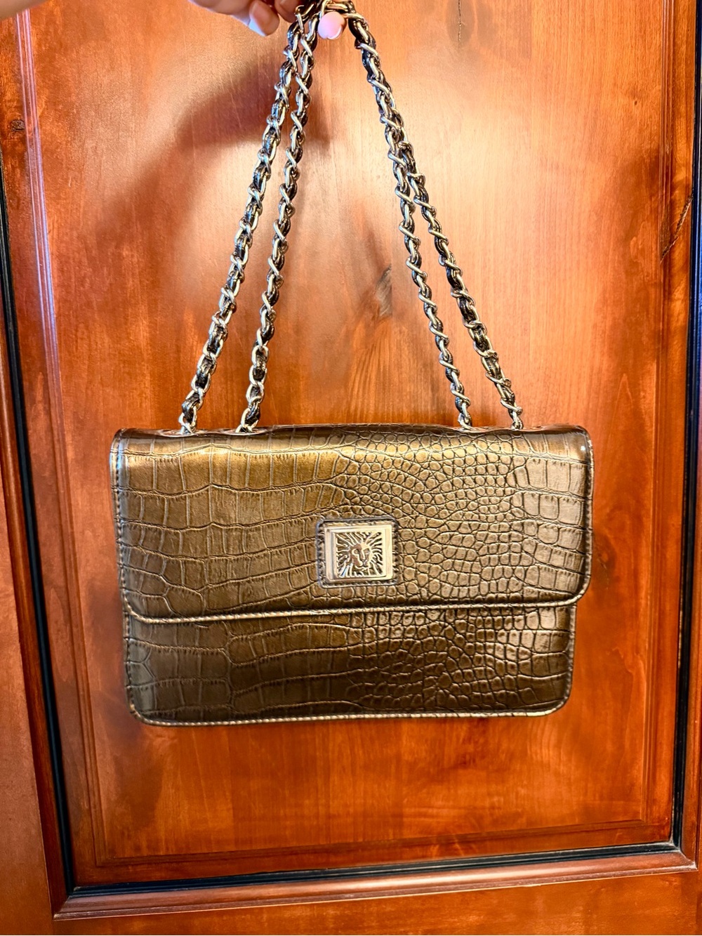 Anne Klein Purse Bronze Faux Leather Croc With Gold Metal Trim